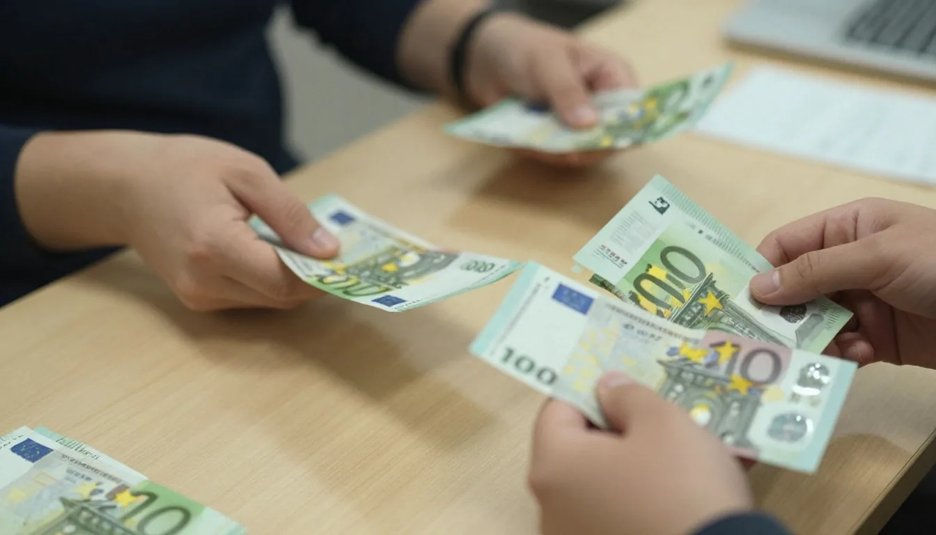Persona sosteniendo y organizando billetes en efectivo sobre una mesa de trabajo
